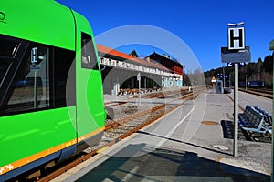 Railway station Bayerisch Eisenstein - AlÅ¾bÄ›tÃ­n, ski resort, Bohemian Forest (Å umava), Germany - Czech